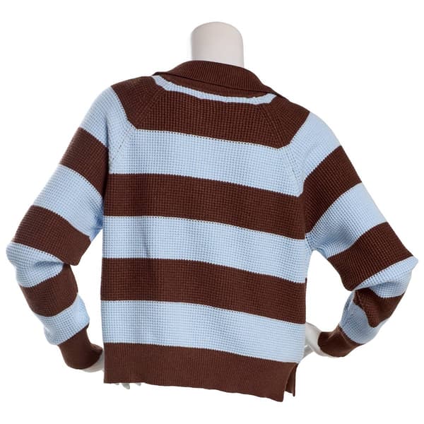 Juniors No Comment Waffle Henley Snap Collar Sweater- Chocolate