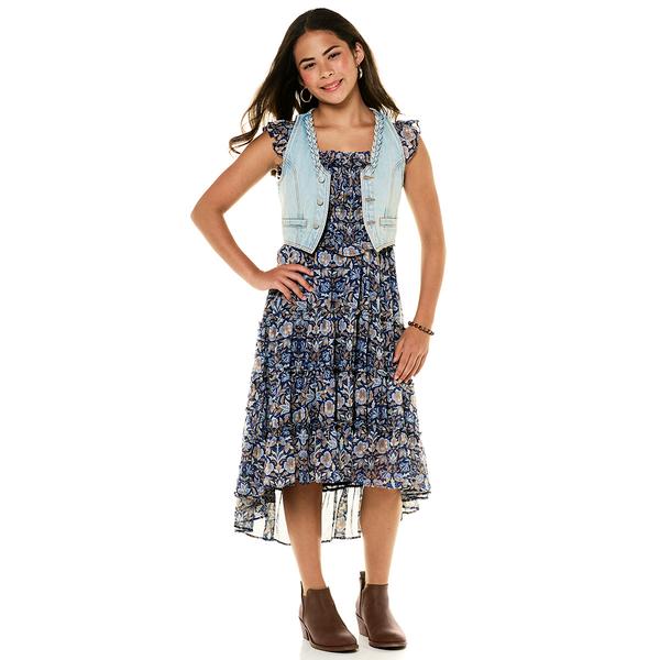 Girls (7-16) Rare Editions Lurex Chiffon Dress w/ Denim Vest - image 
