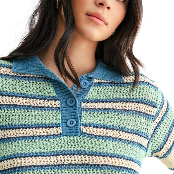 Womens CITY BLUES Short Sleeve Crochet Stripe Polo Sweater