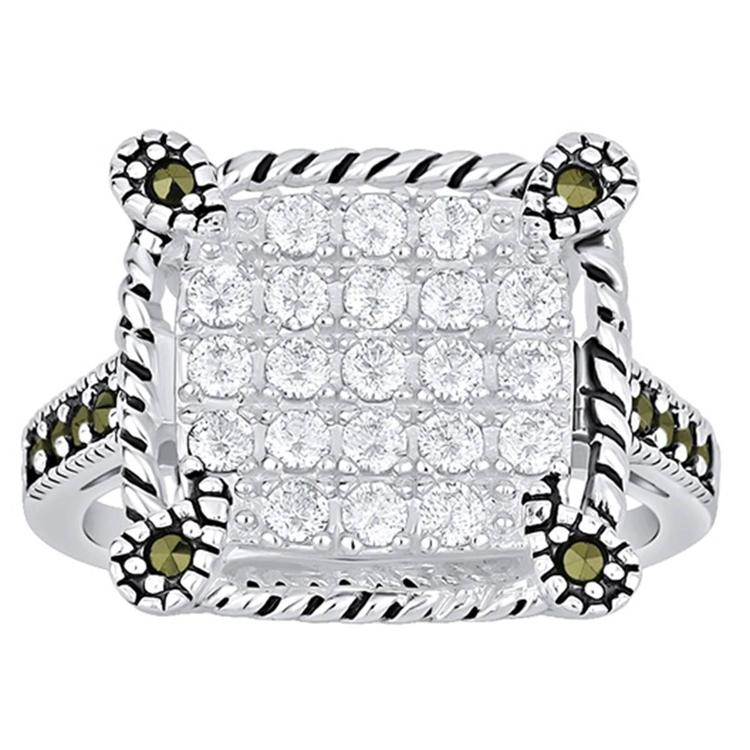 Marsala Silver Plated Marcasite & CZ Square Ring