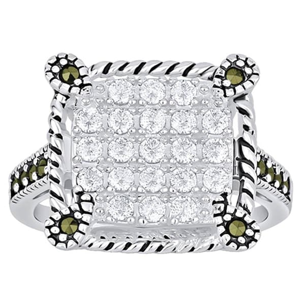 Marsala Silver Plated Marcasite & CZ Square Ring - image 