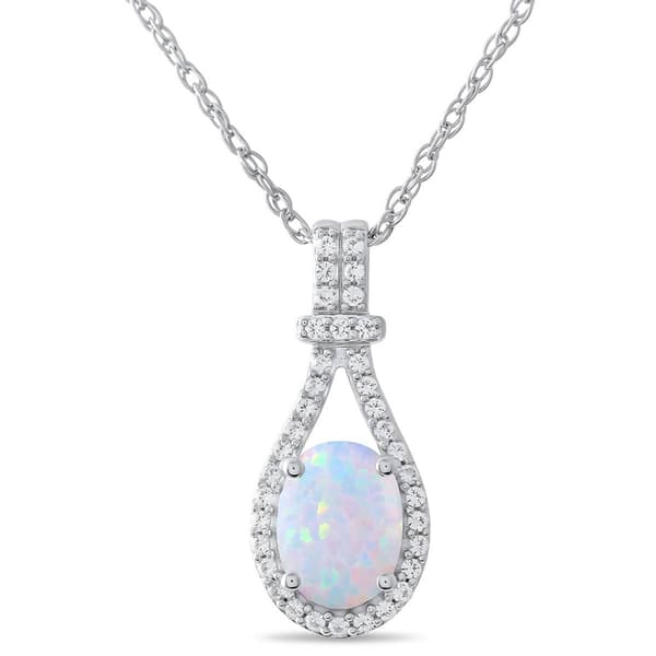 Gemstone Classics(tm) Silver Created Opal White Sapphire Pendant