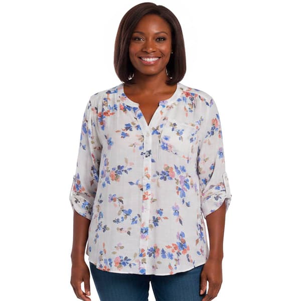 Plus Size Zac & Rachel 3/4 Roll Tab Sleeve Floral Blouse - image 