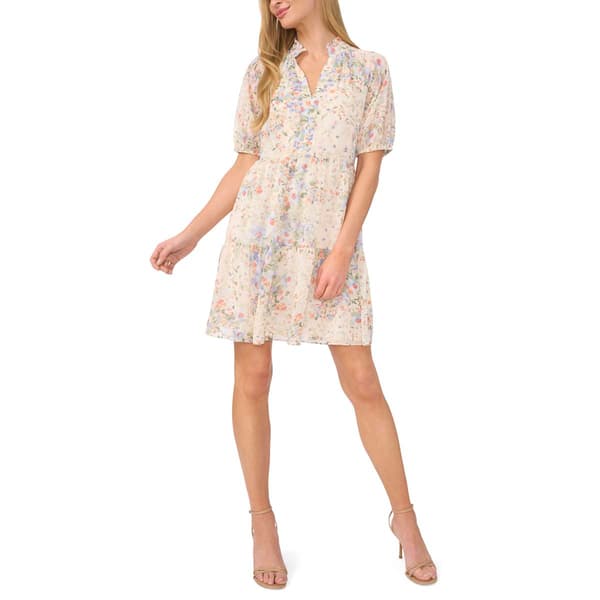 Womens Cece Short Sleeve Print Chiffon Babydoll Dress-Egret