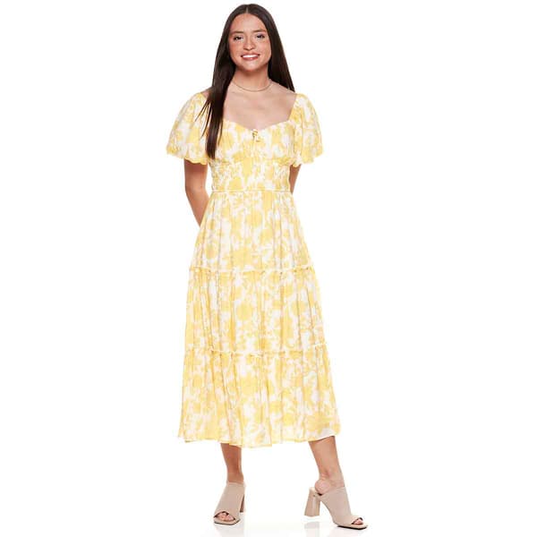Juniors Trixxi Puff Sleeve Papaya Gauze Floral Tier Midi Dress - image 