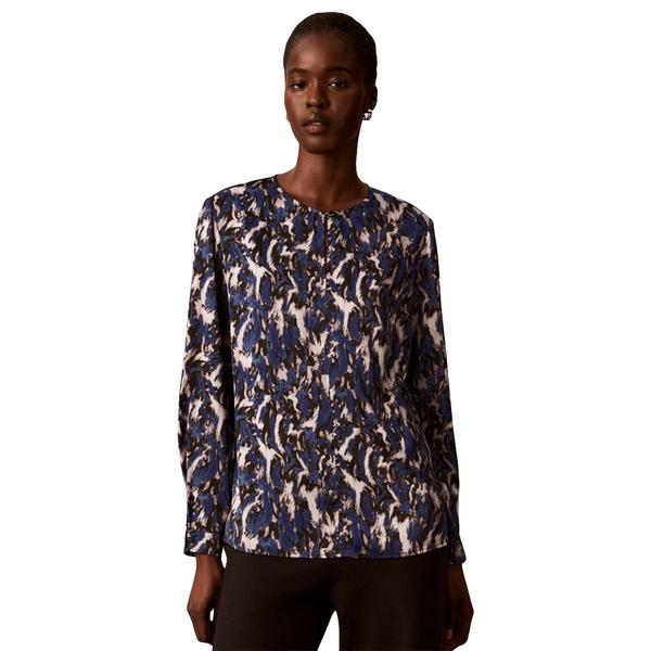 Womens Calvin Klein Long Sleeve Keyhole Front Pleat Floral Satin