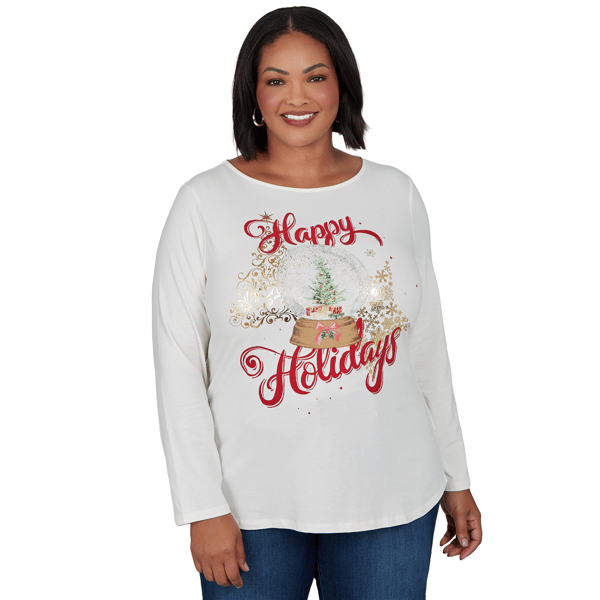 Plus Size Ruby Rd. Happy Holidays Long Sleeve Snow Globe Tee - image 