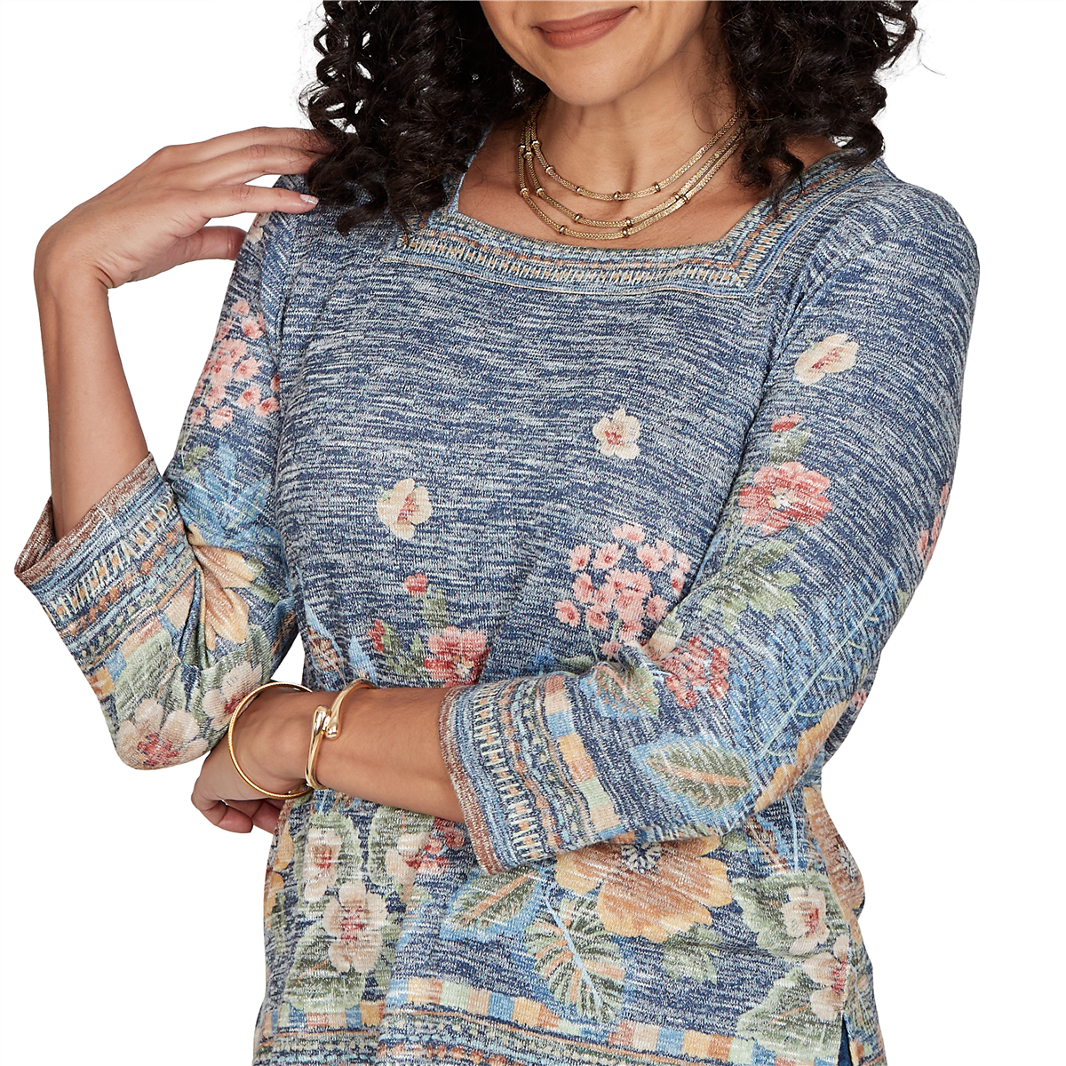 Petite Alfred Dunner Tuscany Square Neck Floral Sweater