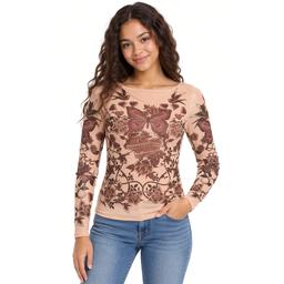 Juniors Madden Girl Long Sleeve Placement Print Boat Neck Top