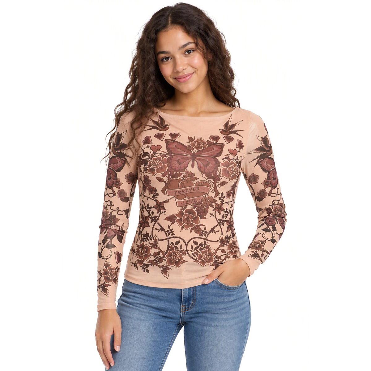 Juniors Madden Girl Long Sleeve Placement Print Boat Neck Top