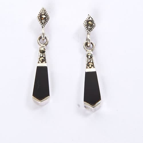 Marsala Fine Silver Plated Marcasite & Onyx Drop Earrings - image 