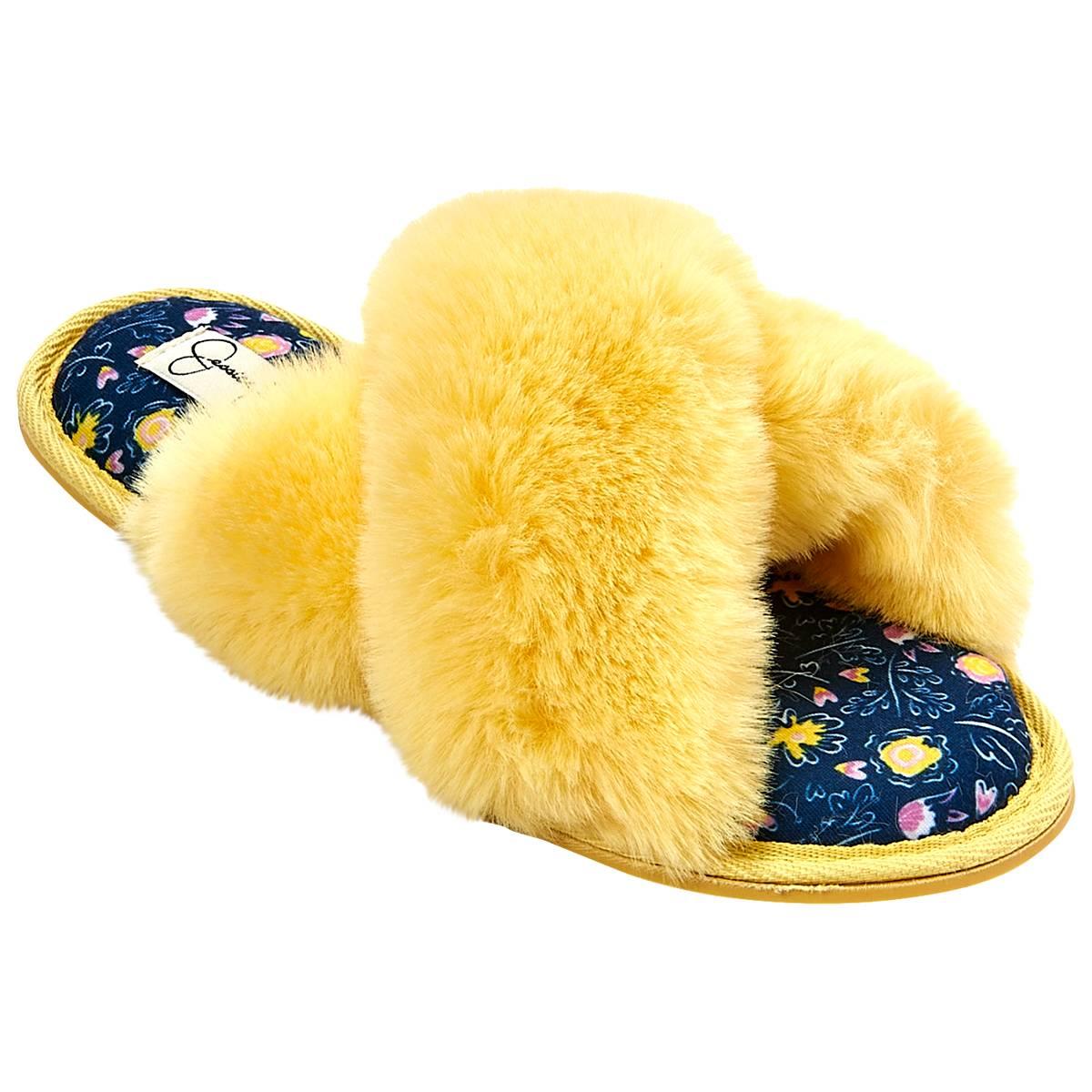 Womens Jessica Simpson High Plush Floral Slide Slippers - Yellow
