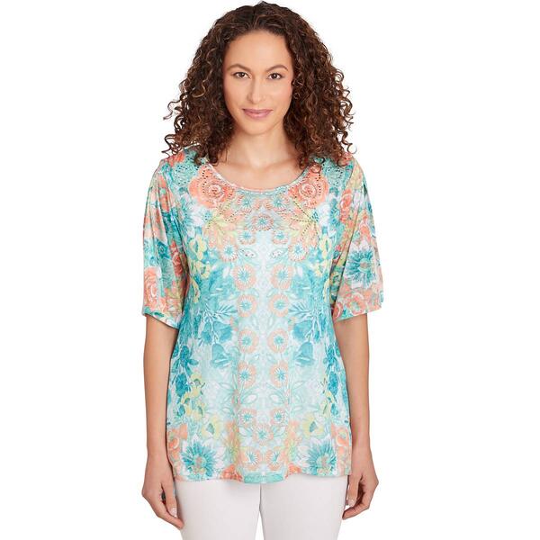 Womens Ruby Rd. Spring Breeze Knit Embellished Floral Top - image 