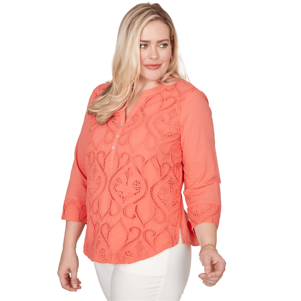 Womens Alfred Dunner Resort Living Lace Scroll Henley Blouse