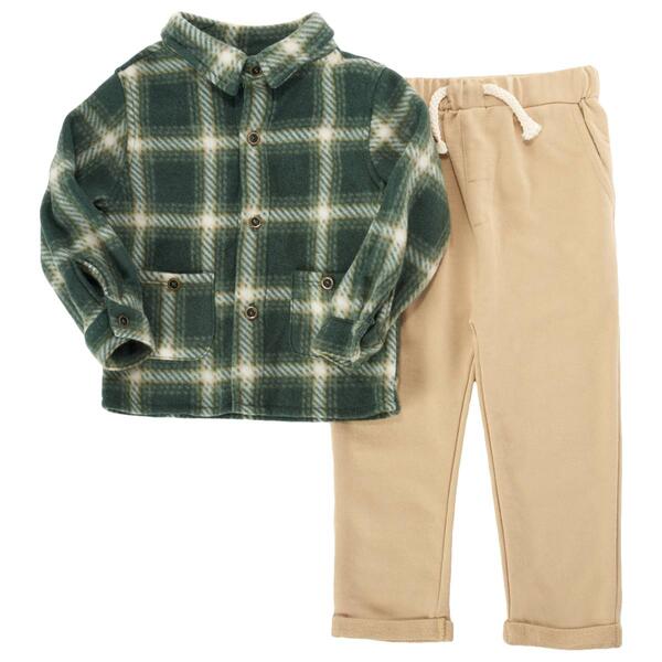 Baby Boy &#40;12-24M&#41; bon bebe&#40;R&#41; Green Plaid Fleece Top & Pants Set - image 