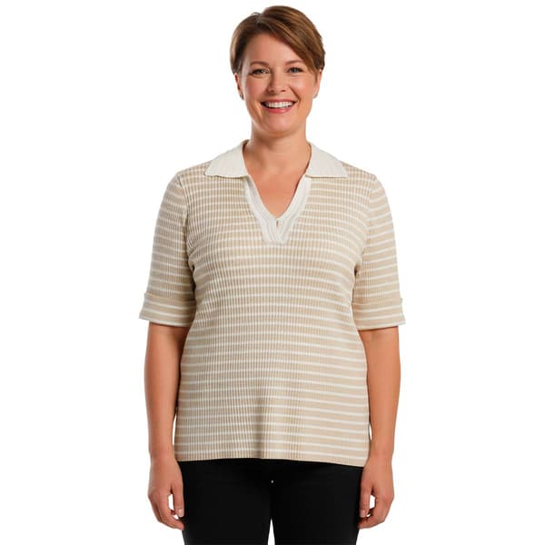 Plus Size Rio & Rian Elbow Sleeve Crochet Collar Stripe Sweater