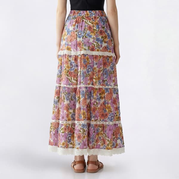 Juniors Angie Floral Crochet Trim Tier Maxi Skirt with Slit