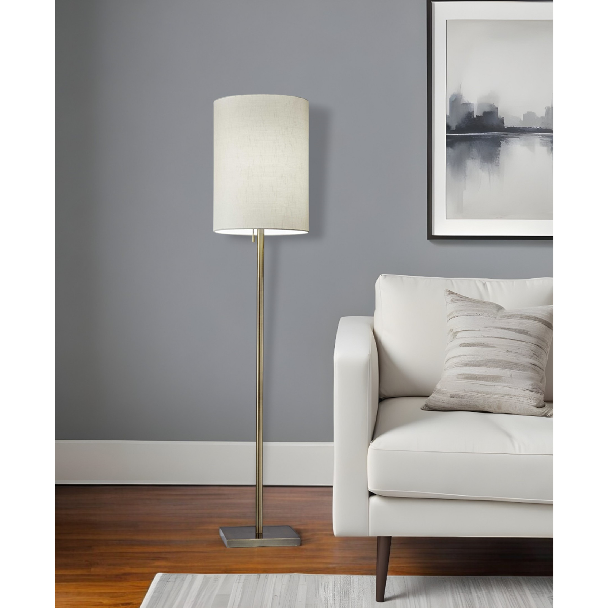 HomeRoots 61in. Brass Floor Lamp With White Cylinder Shade
