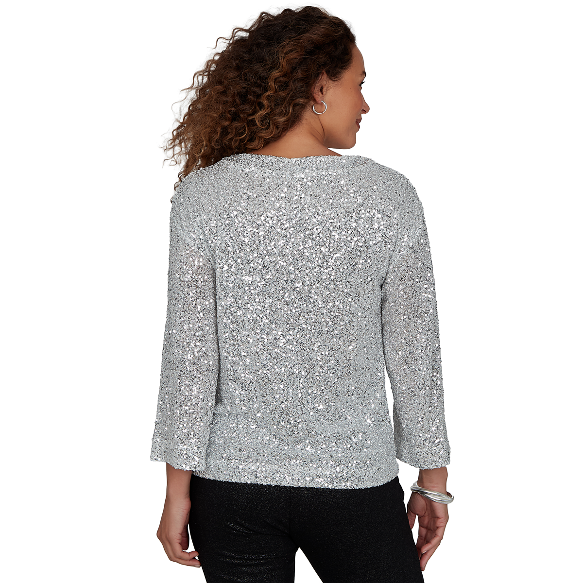 Womens Skye’s the Limit Icy Blue Sparkle Allover Sequin Blouse