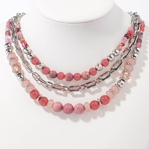 Ashley Cooper(tm) Pink Bead 3 Row Frontal Layered Necklace - image 