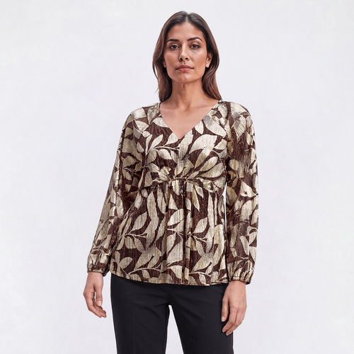 Womens MSK Long Sleeve V-Neck Gold Foil Leaf Blouse - image 