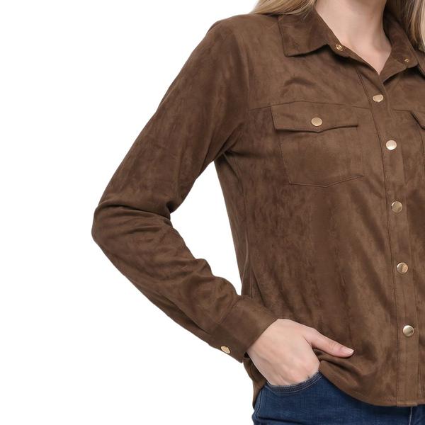 Womens NY Collection Long Sleeve Button Front Suede Blouse
