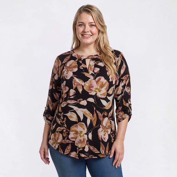 Plus Size Cure 3/4 Roll Tab Sleeve Keyhole Neck Floral Blouse - image 