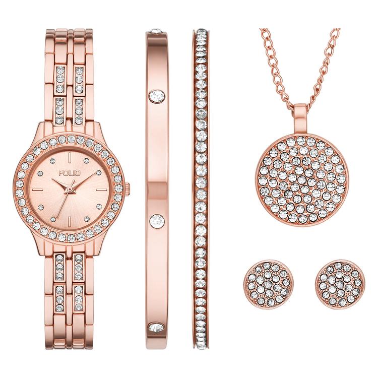 Womens Folio Rose Gold-Tone Watch &amp; Jewelry Set - FMDFL2056