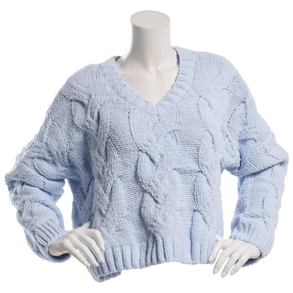 Juniors Pink Rose Cable Matte Chenille V-Neck Sweater - image 