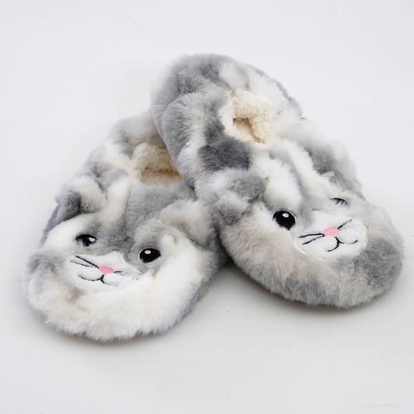 Womens Fuzzy Babba Grey Cat Faux Fur Slippers - image 