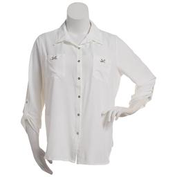Plus Size Notations 3/4 Sleeve Solid Button Front Blouse