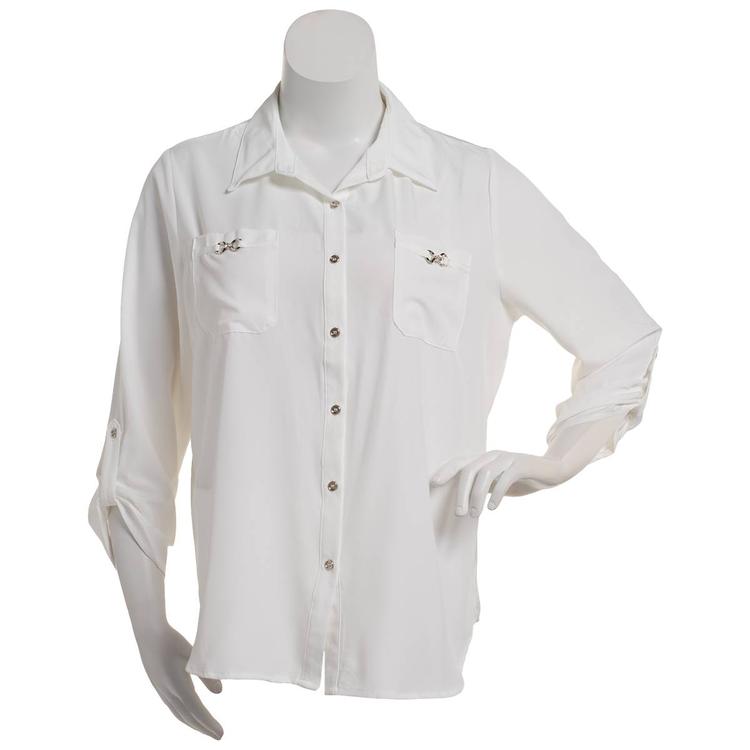 Plus Size Notations 3/4 Sleeve Solid Button Front Blouse