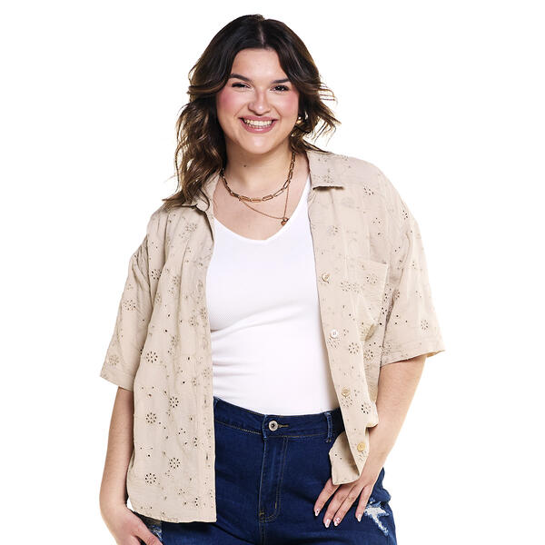 Juniors Plus No Comment Eyelet Embroidered Button Front Blouse - image 