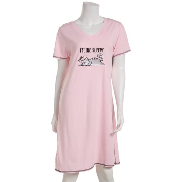 Womens Rene Rofe(R) Feline Sleepy Cat Embroidered Nightshirt