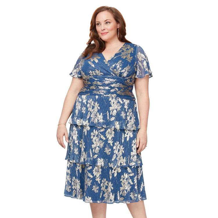 Plus Size SLNY Short Sleeve Tier Foil Print Midi