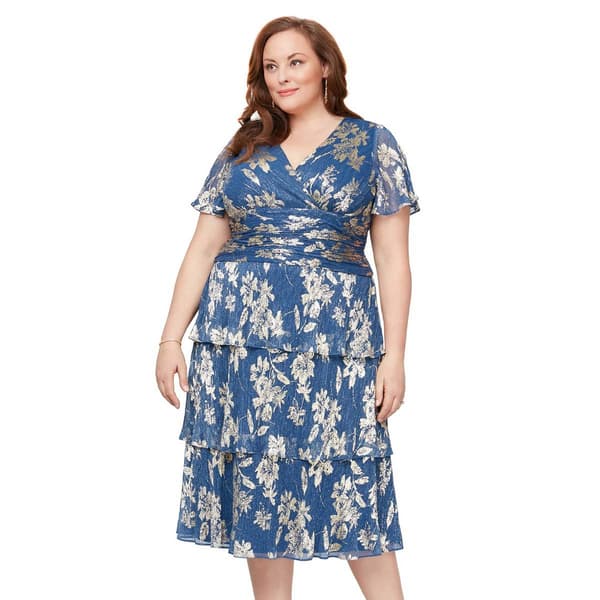 Plus Size SLNY Short Sleeve Tier Foil Print Midi