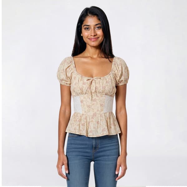 Juniors Trixxi Puff Sleeve Mix Media Corset Top - image 