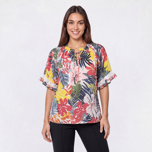 Womens Hope & Harlow Short Poet Sleeve Tie Neck Tropical Blouse - image 