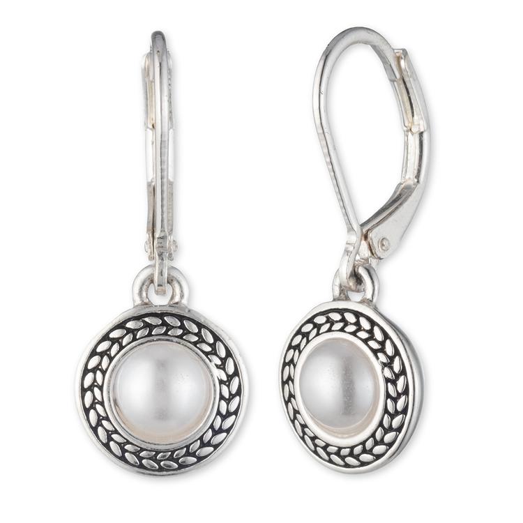 Napier Pearl Silvertone Drop Leverback Earrings