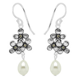 Marsala Marcasite Fresh Water Pearl Flower Dangle Earrings