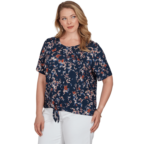 Plus Size Emaline Key Items Short Sleeve Tie Hem Butterfly Blouse