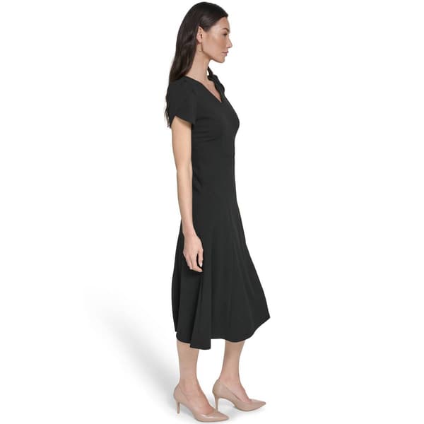 Womens Calvin Klein Puff Sleeve V Neck Crepe A-Line Midi Dress