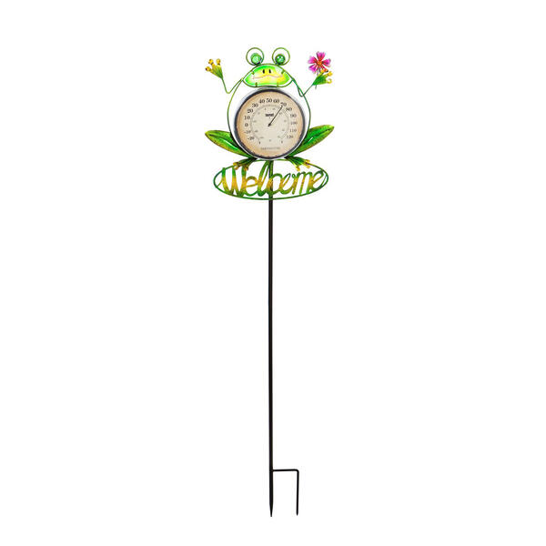 Evergreen Frog Solar Thermometer Garden Stake - image 
