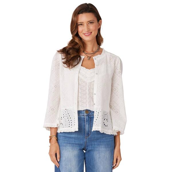 Womens Democracy 3/4 Sleeve Round Neck Button Down Eyelet Top - image 