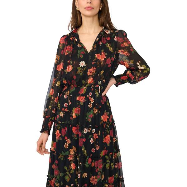Plus Size MSK Long Sleeve Floral Tiered Midi Dress