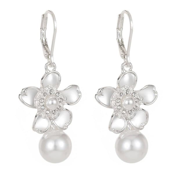 Gloria Vanderbilt Pearl & Crystal Flower Drop Leverback Earrings