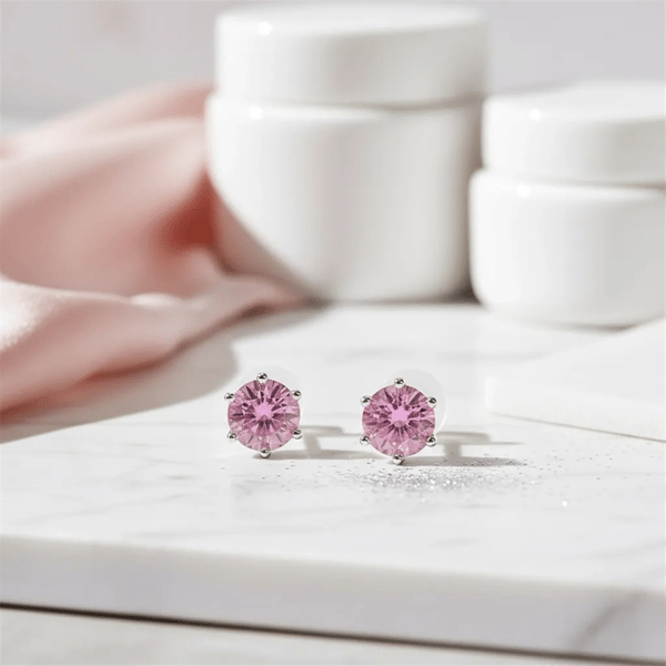 Saffron Sterling Silver Pink Moissanite Diamond Stud Earrings