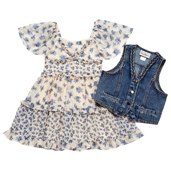 Girls (4-6x) Rare Editions Floral Tiered Dress w/ Denim Vest