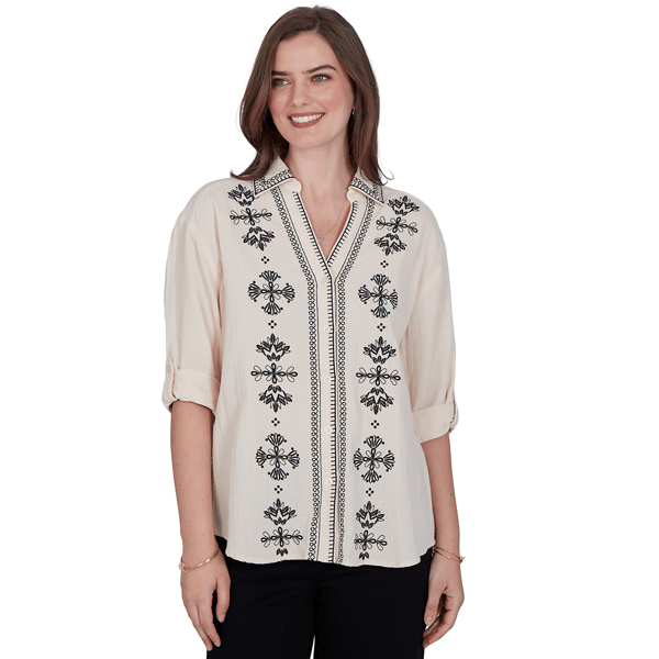 Womens Ruby Rd. Tropical Noir Roll Tab Sleeve Front Button Blouse - image 
