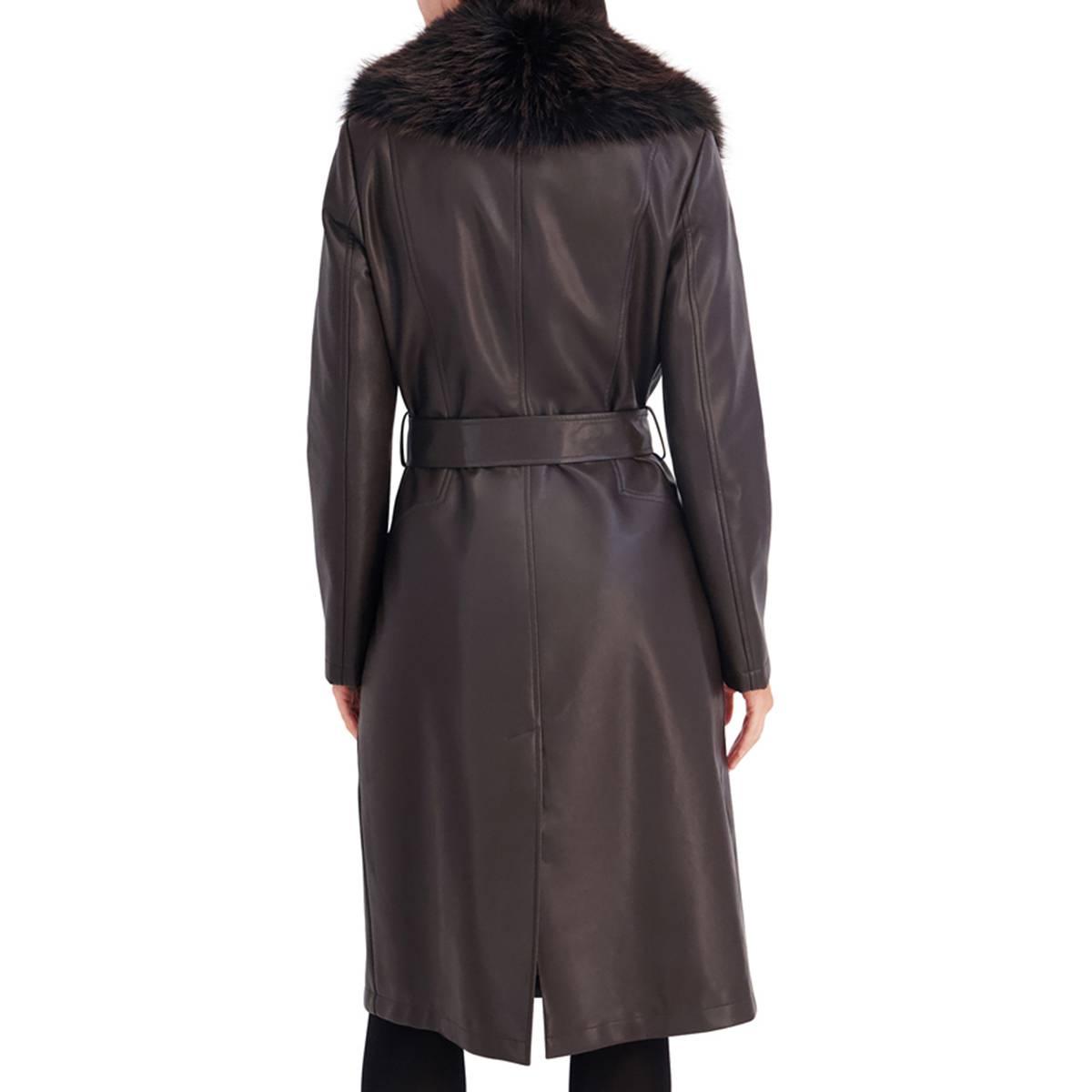 Womens Kenneth Cole® Faux Leather Trench Coat w/ Faux Fur Collar
